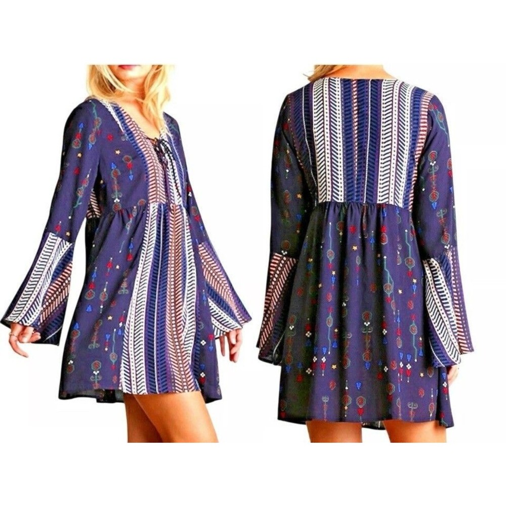 Umgee Lace Up Front Bell Sleeve Mini Dress Tunic Women's Sm Blue Floral Boho
